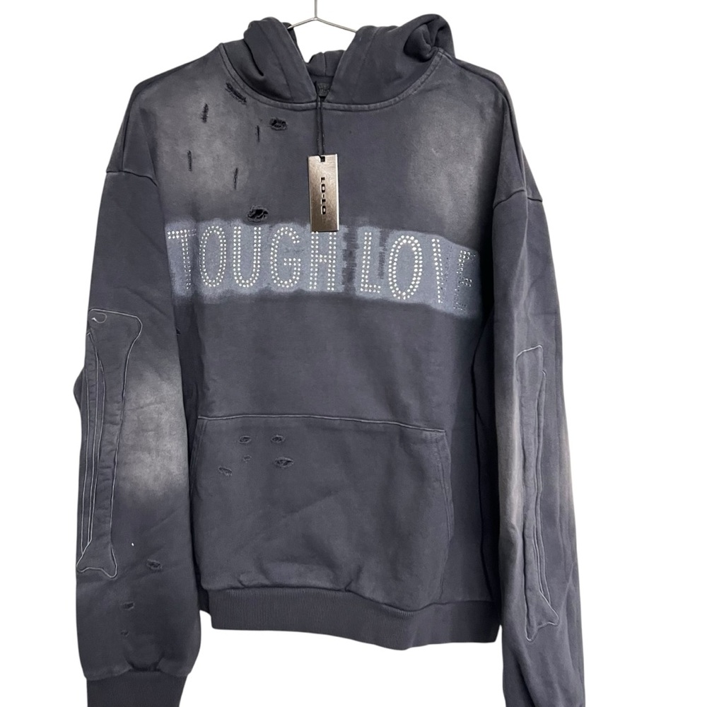 New Mens 01-01 Premium Oversized Boxy Rhinestone Washed Distressed Hoodie - Picture 2 of 7
